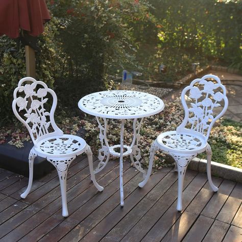 【CAST ALUMINUM】 : Using high-density pure aluminum die-casting, to ensure the strength of the table and chair, no cracking, no deformation, no rust, smooth lines, beautiful appearance.
【BISTRO SET】: Contains a table, two chairs, table size: 23.6" (diameter) x 26.7" (H); chair size: 17.32" (L) x 17.32" (W) x 33.07" (H), Chair weight capacity: 250 pounds.
【ELEGANT DESIGN】 : Rose design adds elegant charm to your outdoor space. The slightly curved seat curvature fits the hips. Bistro Set Outdoor, Cast Aluminum Patio Furniture, Front Porch Furniture, Vintage Table Setting, Bistro Table Set, Iron Patio Furniture, 3 Piece Bistro Set, Bistro Table Outdoor, Outdoor Patio Table