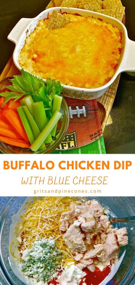 Easy to make ahead of time, this cheesy buffalo chicken dip is a dream appetizer for buffalo chicken wing lovers! Full of bold flavor, this recipe is made with blue cheese, cream cheese, Monterey Jack cheese and canned cooked chicken. Super easy to put together in 30 minutes, it's perfect to serve for game day parties, Church potlucks, or holiday get togethers. Oven Buffalo Chicken Dip, Franks Buffalo Chicken, Franks Buffalo Chicken Dip, Tailgate Snack, Buffalo Chicken Wing Dip, Baked Buffalo Chicken Dip, Wing Dip, Chicken Wing Dip, Buffalo Chicken Dip Crock Pot