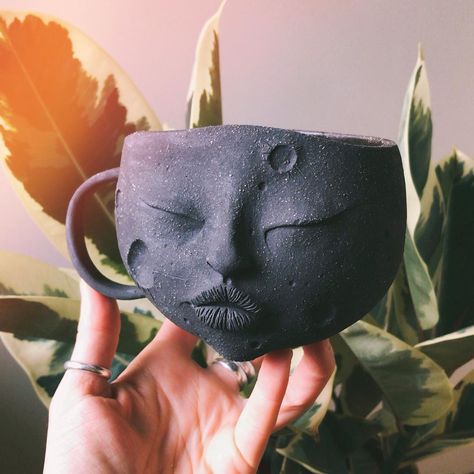 Ceramic Moon Mug, Moon Pottery, Halloween Ceramics, Ceramic Faces, Ceramic Moon, Moon Mug, Ceramic Face, Clay Mug, Slab Ceramics