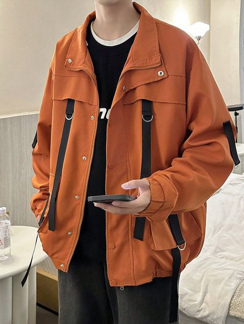 Orange Casual Collar Long Sleeve Fabric Plain Other Embellished Non-Stretch Fall/Winter Men Clothing Drop Shoulder Jacket, Shoulder Jacket, Men Clothing, Flap Pocket, Drop Shoulder, Fall Winter, Buckle, Collar, Orange