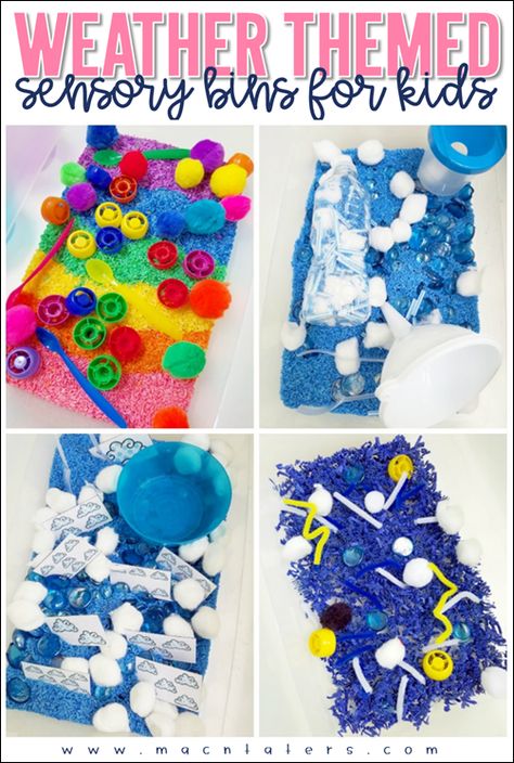 Weather Themed Sensory Bins for Toddlers, Preschoolers and school aged children. Weather Sensory, Themed Sensory Bins, Sensory Bins For Toddlers, Weather Lesson Plans, Weather Activities Preschool, Weather Activities For Kids, Weather Lessons, Preschool Weather, Weather Crafts