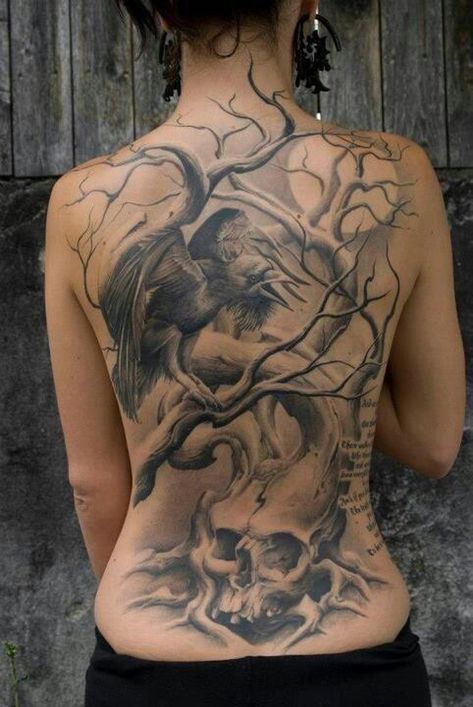 Raven and tree full back tattoo  - 60+ Mysterious Raven Tattoos  <3 <3 Tree Tattoo Back, Girl Back Tattoos, Finger Tattoo Designs, Tattoo Trend, Crow Tattoo, Full Back Tattoos, Raven Tattoo, Irezumi Tattoos, Skull Tattoo Design