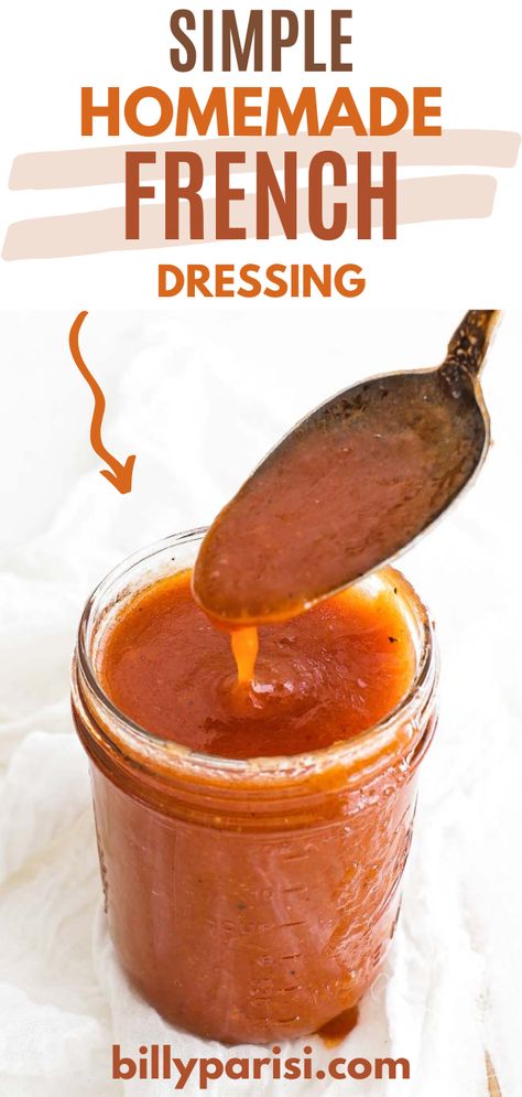 This easy-to-make homemade French dressing recipe comes together in a matter of minutes and is the perfect complement to any salad. Kick up the flavor of any salad with this simple French Dressing. You will love the simple sweet flavors in this vinaigrette. This is a trendy dressing in the United States and is commonly served on a basic house salad. Vinegarette Dressing Recipe, Catalina Dressing Recipes, Homemade French Dressing, French Dressing Recipe, Sweet Salad Dressings, Catalina Salad Dressing, Healthy Dressing Recipes, Easy Homemade Salad Dressing, Easy Salad Dressing Recipes