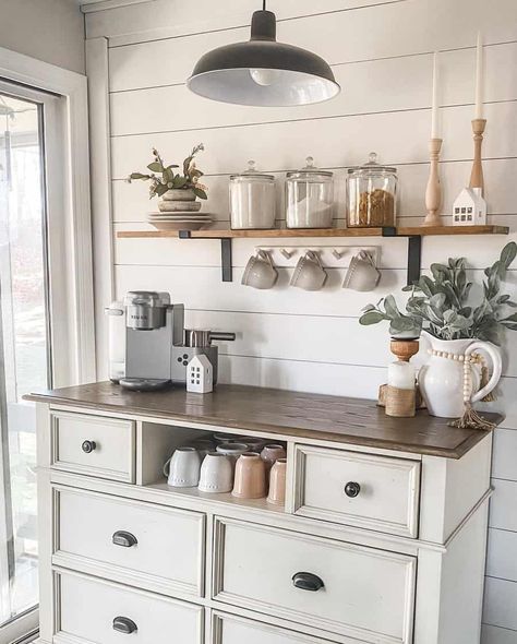 White Coffee Bar, Contemporary Farmhouse Decor, Office Coffee Bar, Coffee Bar Station, Coffee Bar Ideas, Diy Coffee Bar, Coffee Bar Design, Coffee Bar Decor, Home Coffee Stations