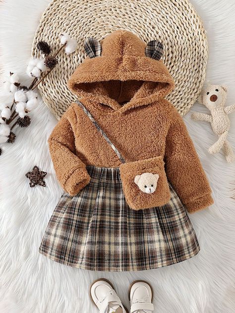 Multicolor  Collar Long Sleeve  Plaid A Line Embellished Non-Stretch  Baby Girls Clothing Kids Fashion Dress, Hooded Dress, Long Sleeve Plaid, Dresses Kids Girl, Baby Winter, Baby Romper, Girls Clothing