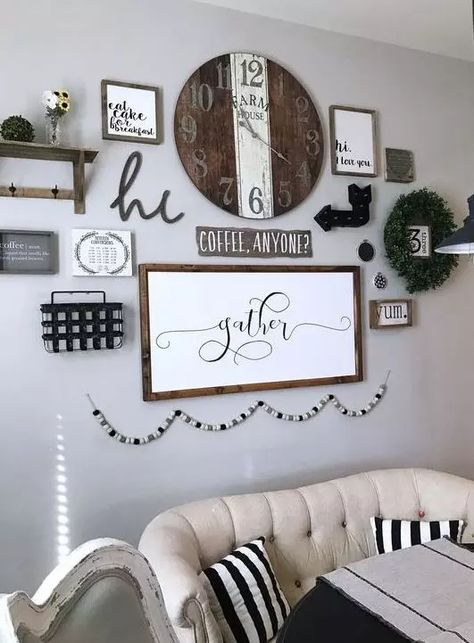 Farmhouse Wall Gallery, Wall Clock Vaulted Ceiling, Farmhouse Wall With Clock, Farmhouse Kitchen Wall Clocks, Large Farmhouse Wall Clock, Dining Room Wall Decor Modern Farmhouse, Wall With Clock Ideas Decor, Collage Wall With Shelves, Clocks In Living Room