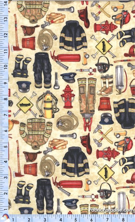 Five Alarm - Tossed Firefighter Clothing and Equipment on Beige by Dan Morris, Firefighters, Police and EMTs, Elkabee's FabricParadise.com, LLC Firefighter Wallpaper Backgrounds, Firefighter Aesthetic, Firefighter Drawing, Fighter Tattoos, Firefighter Crafts, Fire Fighter Tattoos, Firefighter Tools, Fireman Party, Firefighter Apparel