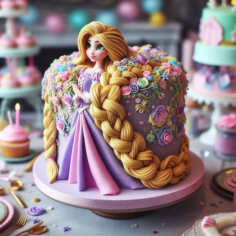 Rapunzel Cake Ideas, Cat Cupcake Cake, Cake Ideas Engagement, Rapunzel Torte, Aesthetic Chocolate Cake, Rapunzel Birthday Cake, Princess Theme Cake, Korea Cake, Disney Princess Birthday Cakes