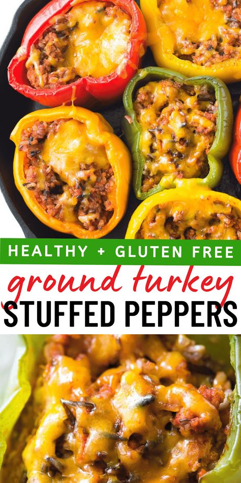 Ground Turkey Stuffed Peppers - Easy and healthy ground turkey stuffed peppers are a delicious dinner idea. They are also gluten free! | Healthy Stuffed Peppers | Gluten Free Stuffed Peppers Ground Turkey Peppers, Turkey Peppers, Healthy Stuffed Peppers, Turkey Stuffed Peppers, Ground Turkey Stuffed Peppers, Healthy Turkey Recipes, Mediterranean Cooking, Ground Turkey Recipes Healthy, Stuffed Peppers Healthy