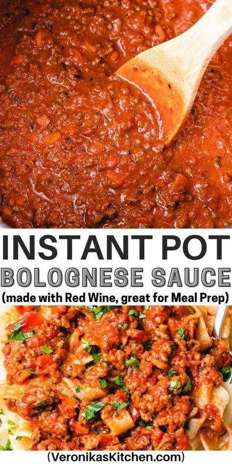 Top photo: Bolognese sauce with a wooden spoon. Bottom photo: Bolognese sauce over pasta. Instant Pot Bolognese Sauce, Instant Pot Bolognese, Cooking Fresh Pasta, Bolognese Sauce Recipe, Spaghetti Sauce Recipe, Pasta Bolognese, Bolognese Sauce, Healthy Family Meals, Best Dinner Recipes