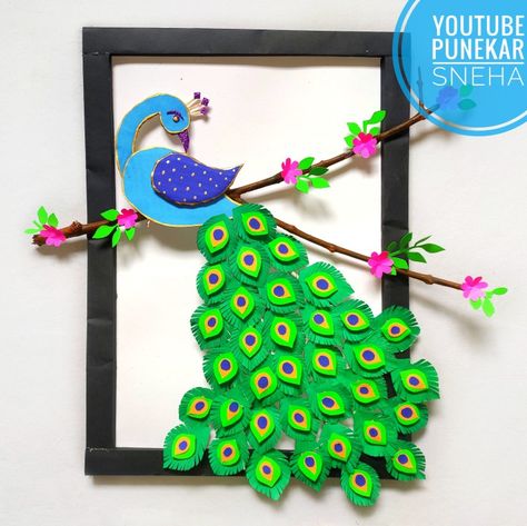 Cardboard Peacock Craft, Peacock Making Craft, Peacock Diy Crafts, Diy Peacock Decor Craft Ideas, Wall Hanging Crafts For Kids, Peacock Crafts Decor, Peacock Craft Preschool, Peacock Art And Craft, Peacock Craft Ideas