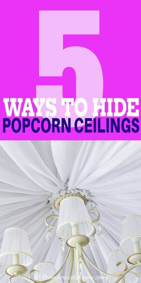 These DIY home decor ideas for covering a popcorn ceiling are AWESOME! I love these ideas! Now I know how to update the room decor in my house. Cover A Popcorn Ceiling, Diy Glam Decor, Installing Curtain Rods, Covering Popcorn Ceiling, Ceiling Covering, Removing Popcorn Ceiling, Faux Tin Ceiling, Faux Tin Ceiling Tiles, Curtain Installation