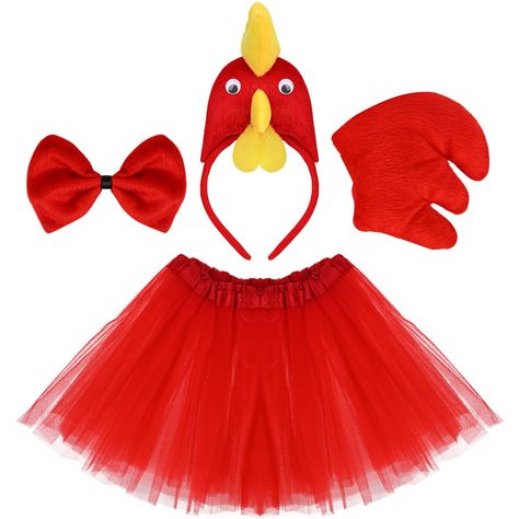 PRICES MAY VARY. Farm Animal Themed Dress Up: Transform your child into an adorable little chicken with this super cute 4-piece chick dress up kit. It includes a chicken headband and tail set, a red bowtie, and a red tutu dress. Perfect for school plays, costume parties, and imaginative playtime. High-Quality Design: The farm animal headband is stretchy enough for easy adjustment, ensuring a comfortable fit for most kids aged 3-8 years old. The chicken tail measures 3.9 inches in length, and the Farm Animal Costumes For Kids, Diy Chicken Costume, Farm Halloween Costume, Farm Animal Costumes, Chicken Outfit, Chicken Headband, Animal Costumes For Kids, Red Tutu Dress, Chicken Animal