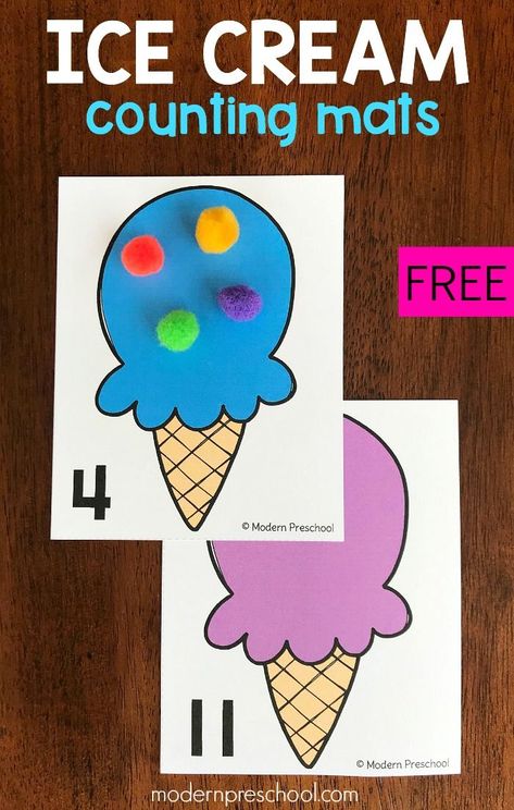 FREE preschool printable ice cream counting mats to practice numbers while counting using 1:1 correspondence and fine motor skills during a summer theme! Food Counting Activities, Counting Mats Preschool, Math Ice Cream Activities, Summer Theme Math Activities Preschool, Ice Cream Circle Time Activities, Ice Cream Learning Activities, Math Manipulatives Preschool, Summer Math Activities For Toddlers, Should I Share My Ice Cream Activities