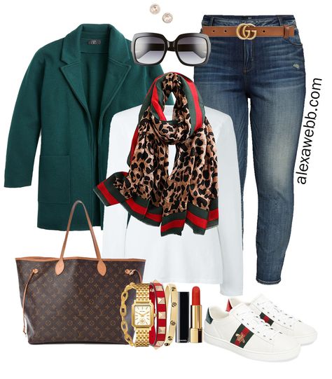 Plus Size Gucci Scarf Outfit Ideas - Jeans, Gucci Belt, Green Blazer, White T-Shirt, Gucci Sneakers - Alexa Webb - Plus Size Fashion for Women - #alexawebb #plussize Gucci Sneakers Outfit Women, Gucci Scarf Outfit, Gucci Outfits Women, Gucci Sneakers Outfit, Scarf Outfit Ideas, Scarf Outfits, Faux Leather Leggings Outfit, 9to5chic Outfits, Alexa Webb