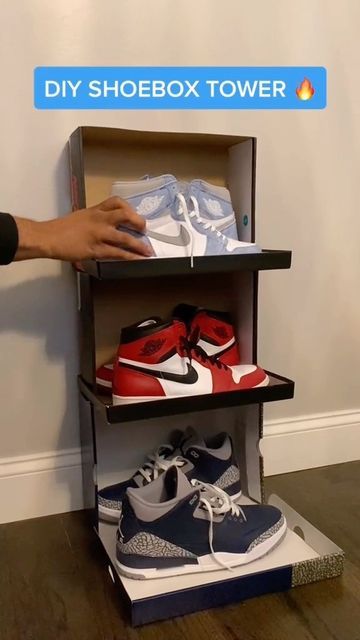 Homemade Shoe Shelf, Room Ideas Shoes Boxes, Shoe Box Stacking Ideas, Shoe Box Shoe Rack, Sneakers Rack Ideas, Sneaker Shelf Ideas, Sneaker Storage Ideas For Small Spaces, Shoe Box Shelf Diy, Show Boxes On Wall