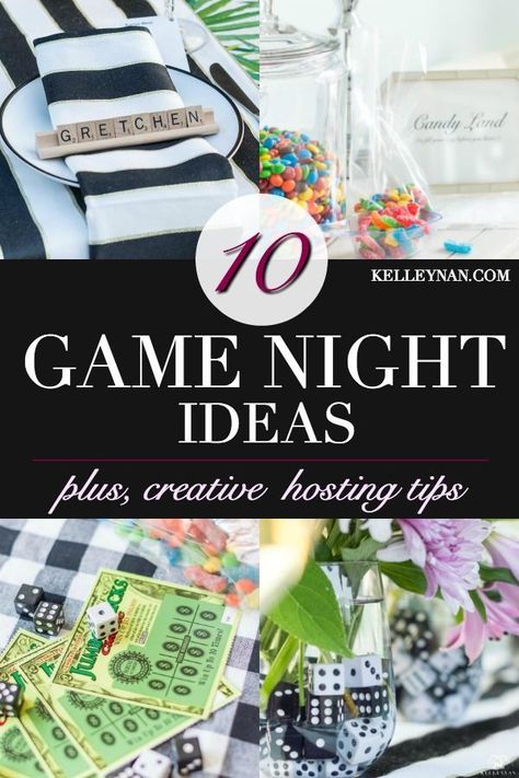 Game night ideas and tips, plus, what to serve, play, and ideas for prizes and themed details #gamenight #partyideas #adultgames #partyactivities #hosting #entertaining #gametheme #pokertheme #pokernight Game Night Decor, Game Night Table, Adult Game Night Party, Game Night Decorations, Games For Ladies Night, Game Night Ideas, Game Night Food, Board Game Themes, Adult Game Night