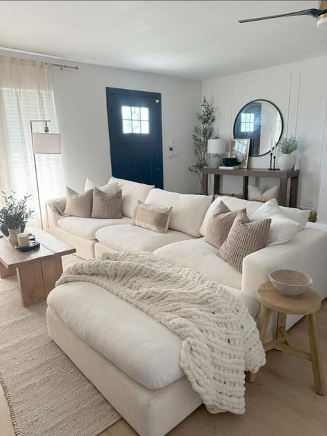 Modern Farmhouse Small Apartment, Modern Cozy Home Interior Design, Comfy House Decor, Comfy Affordable Couch, Living Room Inspo Beige Couch, Living Room Design White Couch, Small Neutral Living Room Ideas, Modern Simple Living Room Ideas, Small Living Room Set Up Ideas Layout