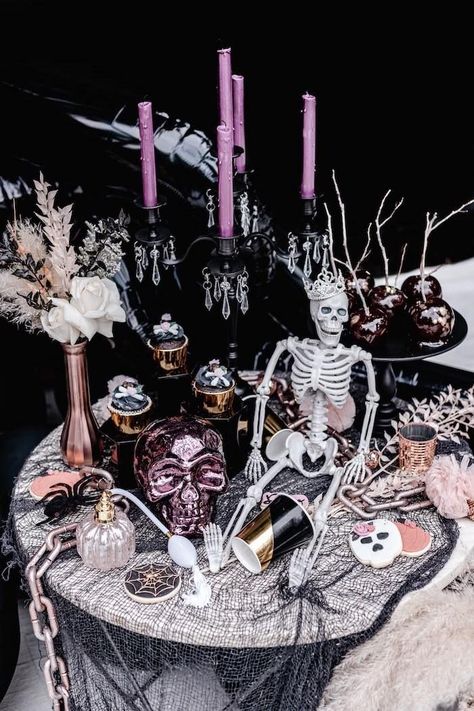 Halloween Dessert Table from a Glam Creepy Halloween Party on Kara's Party Ideas | KarasPartyIdeas.com Black Silver Purple Halloween Party, Skull Party Ideas, Glam Creepy Halloween Party, Gothic Glam Halloween Decor, Barbie Halloween Party Ideas, Barbie Halloween Party Decorations, Barbie Halloween Party, Themed Halloween Party Ideas, Glam Halloween Decor