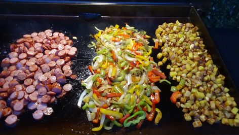 Sausage, Peppers and Potatoes on the Blackstone Griddle Potatoes And Smoked Sausage, Sausage Potatoes And Peppers, Smoked Sausage And Potato Recipe, Peppers And Potatoes, Blackstone Cooking, Kielbasa And Potatoes, Onion Potatoes, Grilled Dinner Recipes, Griddle Cooking Recipes