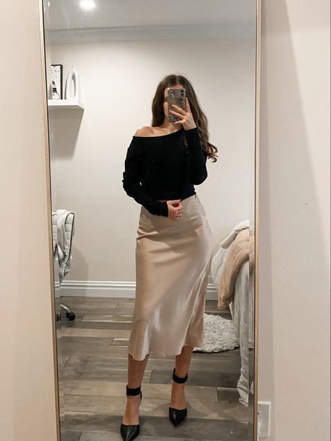 Skirt Satin Dress And Jumper Outfit, Champagne Maxi Skirt Outfit, Satin Lace Trim Skirt Outfit, Holiday Party Outfit Skirt, Mid Satin Skirt Outfit, Abercrombie Satin Skirt, Satin Midi Skirt Outfits Party, Silk Midi Skirt Outfit Formal, Business Casual Skirt Outfits Winter