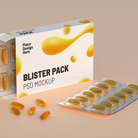 A medication packaging with 24 omega-3 transparent pills in 2 blisters. 10 Customizable Mockups Pill Packaging, Blister Packaging, Blister Pack, Vector Illustrations, Omega 3, Mockup, Tablet, Medical, Easter