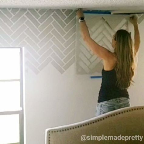 How To Stencil a Wall - Simple Made Pretty Herringbone Stencil Wall Bathroom, Accent Wall Stencil Ideas Bathroom, Tone On Tone Stenciled Walls, Simple Wall Paint Patterns, Wall Paint Stencil Designs, Farmhouse Stencil Templates, Stencilled Bathroom Wall, Stencil Feature Wall, Accent Wall With Stencil