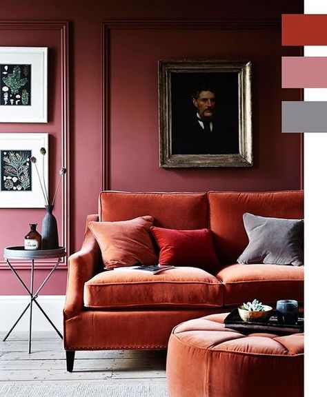 I am totally embracing this autumnal rust and pink colour palette from @coco.kelley #stunning #autumn #rust #pink #colourpalette #interiordesign #sofa #pinkwalls #ottoman #panelling #interiorstyling #london #seasonchange Terracotta Interior, Orange Couch, Interior Design Per La Casa, Modern Victorian, Pocket Door, Hus Inspiration, Design Del Prodotto, Red Walls, Reading Nook