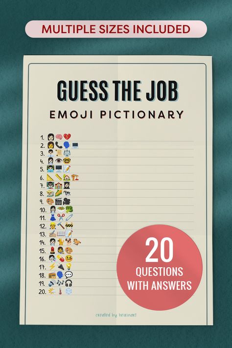 Image of a US Letter size paper with the text: Guess the Job Emoji Pictionary Game, Multiple sizes included, 20 questions with answers Printable Party Games, Emoji Game, Emoji Pictionary, Emoji Games, Ice Breaker, Fun Family Activities, Kids Party Games, Printable Party, Ice Breakers