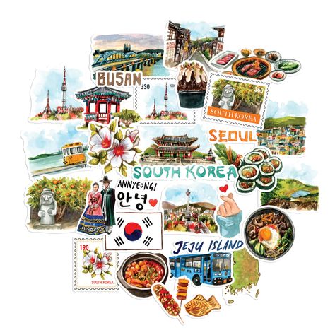 PRICES MAY VARY. IMMERSIVE KOREAN EXPERIENCE. Embark on a visual adventure through South Korea's rich culture and iconic landmarks with our meticulously designed travel sticker set. Each sticker is thoughtfully crafted to encapsulate the essence of South Korea's beauty and heritage. Capture the heart of South Korea's identity with stickers featuring its flag, a map of the nation, and the elegant Hibiscus Syriacus, its national flower. 30 PIECES OF DIE-CUT TRAVEL STICKERS giving you an assortment Korea Scrapbook, Korea Watercolor, Korea Journal, Korea Stickers, South Korea Map, Beautiful Easy Drawings, South Korea Culture, Korea Culture, Jeju Island South Korea