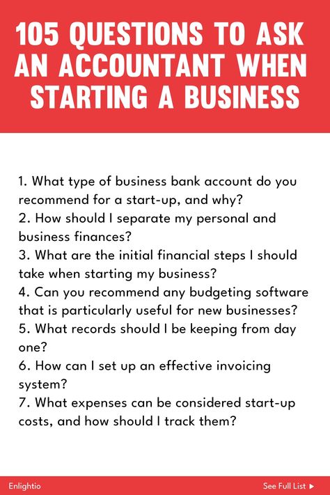 Are you starting a business and need guidance on financial matters? Check out these 105 crucial questions to ask an accountant before diving in. Covering topics like tax planning, budgeting, and more, this comprehensive list will help you make informed decisions and set your business up for success. Take the guesswork out of financial planning by arming yourself with the right questions to ask your accountant! Tax Planning, Business Bank Account, Business Expense, Business Structure, Life Questions, Can You Help Me, Business Operations, Mobile Banking, Financial Health