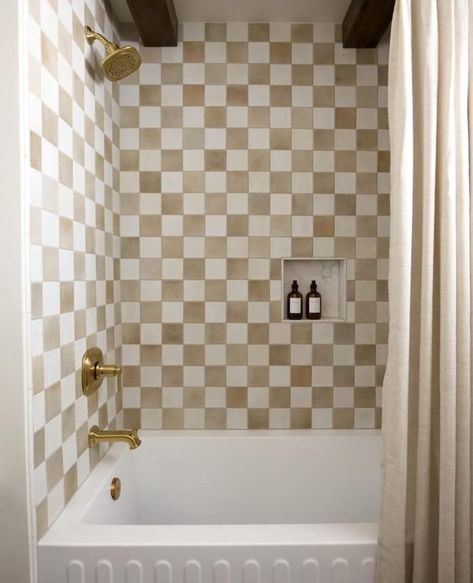 Checkered Bathroom, Checkered Tile, Bedrosians Tile, Rent House, Bathroom Remodel Shower, Boys Bathroom, Girls Bathroom, Bathroom Redo, Dream Bathrooms