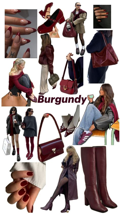 Fall 2024 outfits featuring the color burgundy Burgundy Colour Palette, Burgundy Outfit, 2024 Outfits, Jewerly Designs, Business Chic, Fall Color Palette, Autumn Outfit, College Fashion, Casual Style Outfits