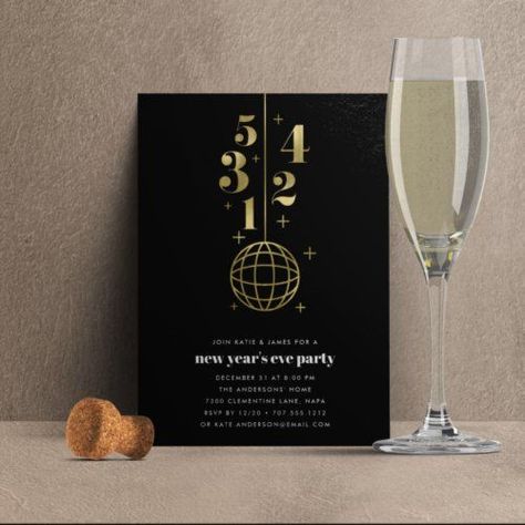 Countdown | New Years Eve Party Invitation #newyear'seveparty #newyearsevepartyinvitations #countdown #blackandgold #cool #modern #midcenturymodern #retro #ball #zgroupon Nye Wedding Invitations, Retro Ball, Diy Cork Board, New Years Eve Invitations, New Years Countdown, Nye Wedding, Happy Holiday Cards, Happy New Year Cards, New Year's Eve Party