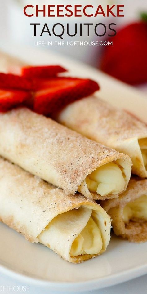 Dessert Taquitos, Cheesecake Taquitos, Tortilla Dessert, Life In The Lofthouse, Taquitos Recipe, Fun Dessert, Mexican Dessert Recipes, Almond Extract, Savory Cakes