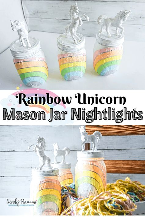 DIY Rainbow Unicorn Mason Jar Nightlights Mason Jar Night Light Diy, Unicorn Mason Jar, Unicorn Figurines, Mason Jar Night Light, Easy Mason Jar Crafts, Unicorn Diy, Fun Diy Craft Projects, Diy Mason Jar, Diy Unicorn