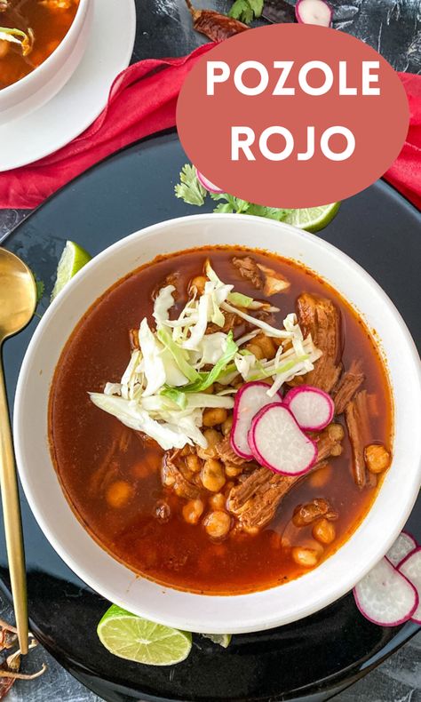 Pozole Rojo is a rich Mexican stew, made with pork and hominy, and loaded with fresh toppings. The perfect bowl of comfort for any time. #pozolerojo #stew #pork #soup #mexicanfoodrecipes Authentic Posole Recipe Pork, Authentic Posole Recipe, Authentic Pozole, Pozole Recipe Pork, Pozole Rojo Recipe, Amazing Dinners, Posole Recipe, Pozole Recipe, Mexican Stew