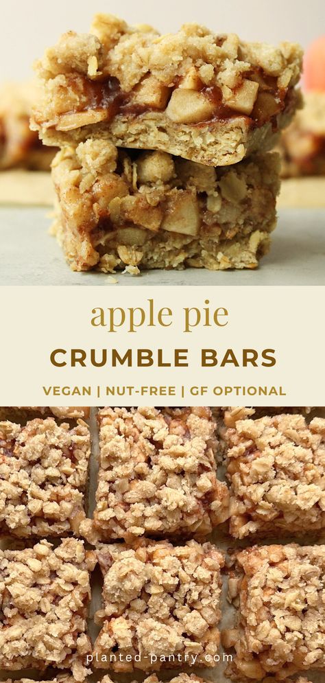 These vegan Apple Pie Crumble Bars combine an oatmeal cookie base and crisp, juicy apples, with a crunchy oat crumb for the perfect sweet Fall treat. Gluten Free Apple Pie Crumble, Vegan Apple Pie Crust, Oat Flour Crust, Apple Pie Crumble, Apple Crumble Bars, Gluten Free Apple Pie, Accidentally Vegan, Oat Crumble Topping, Healthy Apple Crumble