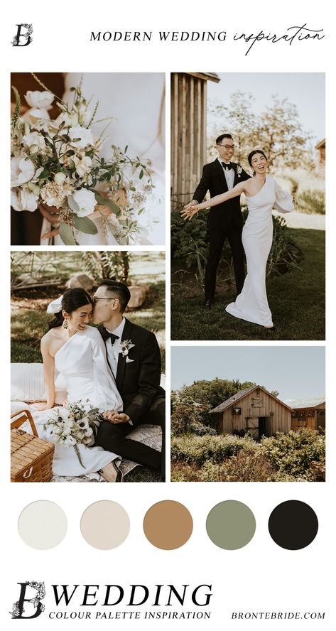 Modern Wedding Pallet, Summer Modern Wedding, Modern Elegant Wedding Color Palettes, Classic Summer Wedding Colors, Black Ivory And Sage Wedding, Winter Wedding Palate, Black And Gold Summer Wedding, Wedding Themes Neutral, Modern Wedding Colour Palette