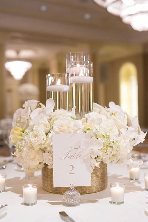 White Wedding Decorations, White Centerpiece, Wedding Table Decorations, Floating Candles, Wedding Table Centerpieces, Banquet Hall, Floral Centerpieces, Flower Centerpieces, Reception Decorations