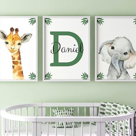 Transform your baby's nursery into an enchanting safari with these personalized name wall art pieces! Add a touch of individuality to your little one's space with these adorable animal-themed artworks. #NurseryDecor #PersonalizedNurseryArt #BabyRoomDecor #SafariNursery #NurseryWallArt #BabyNameArt #NurseryIdeas #AnimalNursery #BabyRoomInspo #NurseryDesign #BabyNursery #BabyDecor #NurseryArtwork #BabyRoomStyle #NurseryInspiration #BabyGiftIdeas #AmazonFinds #BabyRoomEssentials #NurseryInteriors Poster Prints Green, Jungle Theme Rooms, Green Boys Room, Nursery Layout, Safari Animal Wall Art, Boy Girl Nursery, Leaves Wall Art, Kids Room Murals, Green Jungle