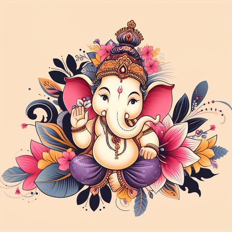 Cute Ganesha Illustration, Ganesha Art Simple, Ganesh Art Drawing, Ganapati Illustration, Ganesh Cute Images, Ganesha Drawing Painting, Cute Ganesha Painting, Vinayaka Drawing, Ganesha Art Drawing Paintings