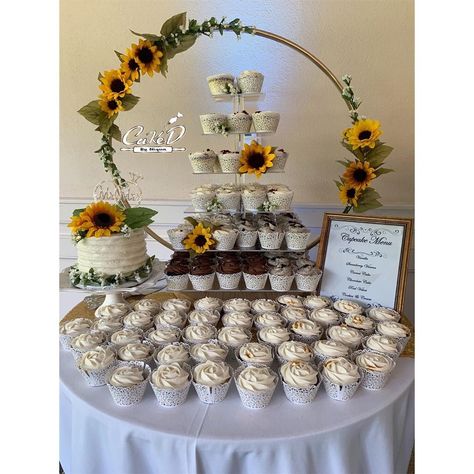 Sunflower Wedding Dessert Table, Sunflower Dessert Table, Sunflower Dessert Table Ideas, Sunflower Wedding Cupcakes, Wedding Treats Table, Dessert Table Wedding, Iris Wedding, Sunflower Wedding Cake, Sunflower Cupcakes