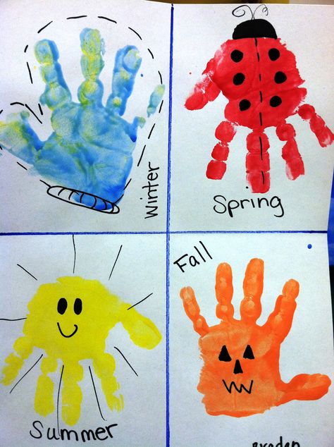 Super easy seasons hand print craft. Season Handprint Craft, Baby Foot Print Art Summer, Four Seasons Handprint Craft, Summer Hand Print Art, L Handprint Craft, Ladybug Hand Print, Seasons Handprint Craft, Hand Print Activity For Kids, A Is For Craft Handprint