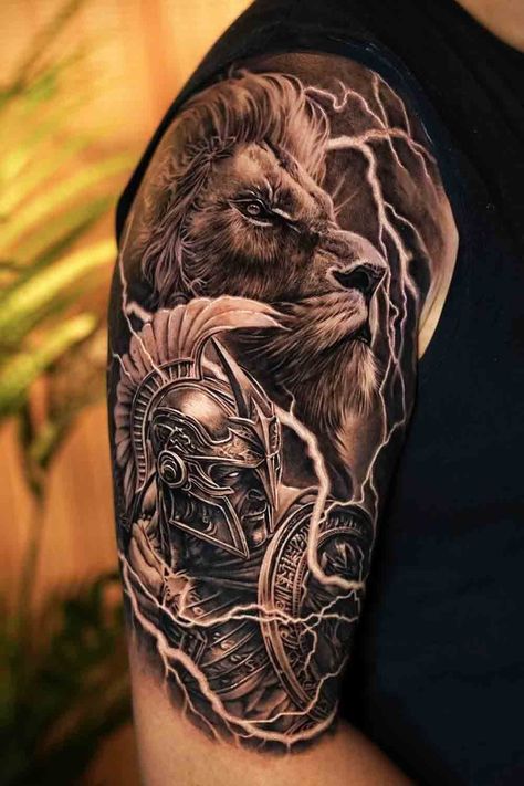 Warrior Lion Tattoo, Lion Tattoo For Women, Lion Arm Tattoo, Warrior Tattoo Sleeve, Roman Tattoo, Gladiator Tattoo, Spartan Tattoo, Lion Tattoo Sleeves, Armor Tattoo