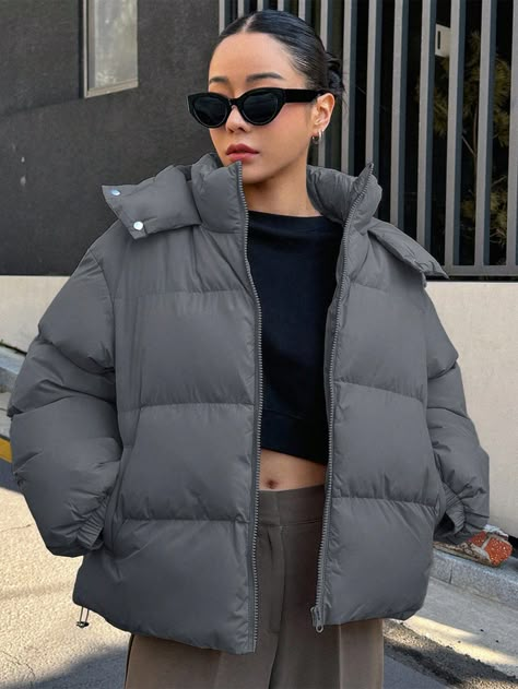 Dark Grey Casual Collar Long Sleeve Woven Fabric Plain Puffer Embellished Non-Stretch  Women Clothing Cute Winter Jackets, Shein Winter Outfits, Aritzia Puffer Jacket, Grey Puffer Jacket, Padded Jacket Women, Outerwear Women Winter, Winter Puffer Coat, Hooded Winter Coat, Winter Stil