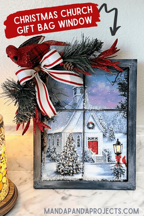 You will never look at a gift bag the same after seeing this Christmas Church Gift Bag Window frame made from a reverse canvas. This cute and clever DIY Christmas decor idea will have you on the hunt for gift bags at Walmart, Dollar Tree, Target, and wherever Christmas gift bags are sold! Gift Bag Window Frame, Craft Project Planner, Dollar Tree Gift Bags, Christmas Frames Diy, Window Frame Crafts, Busted Canvas, Diy Christmas Canvas, Dollar Tree Gifts, Christmas Picture Frames