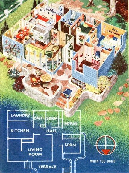 Cross-Sections | what i do Mid Century House Plans, 1950s House, Vintage House Plans, Sims Building, Sims House Plans, Sims House Design, Mid Century Architecture, House Blueprints, House Drawing