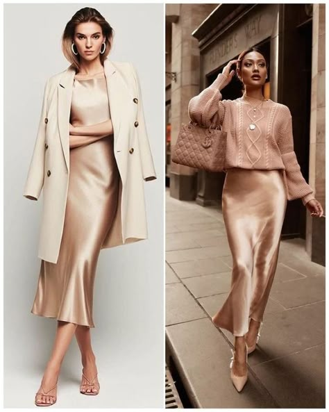 Brown Satin Skirt Outfit Classy, Champagne Slip Dress Outfit, Silk Skirt Outfit Classy, Satin Dress Outfit, Silk Skirt Outfit, Slip Dress Outfit, Rok Outfit, Stil Elegant, Slip Skirt