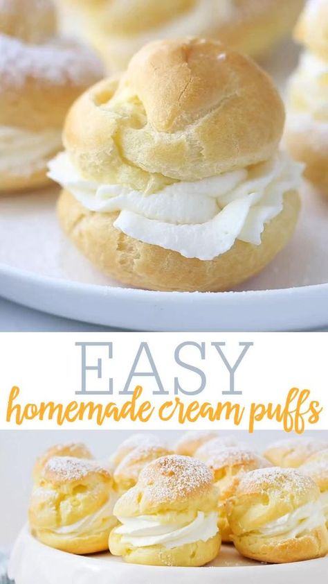 Cream Puffs Recipe Easy, Resep Puff Pastry, Homemade Cream Puffs, Cream Puffs Recipe, Cream Puffs Easy, Pastries Recipes Dessert, Eclair Recipe, Cream Puff Recipe, Puff Recipe